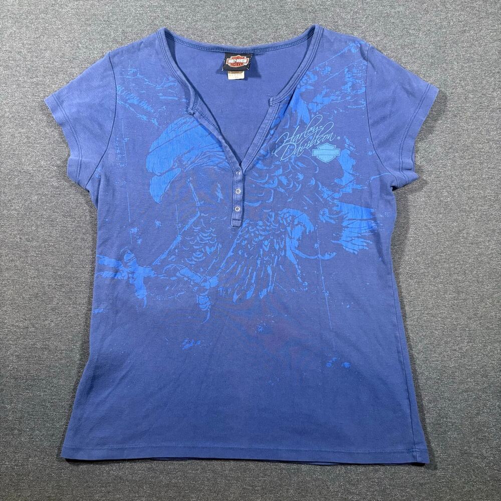 Y2K Mcbling AOP Harley Davidson Tight fit Ribbed Henley Baby Tee Size XL